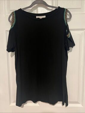 LOFT Black Cold-Shoulder Top with Embroidered Trim